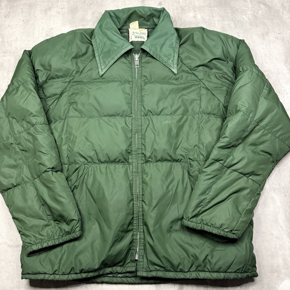 Vintage Zero-Zone Down Jacket Mens L Green Nylon Puffer Insulated Winter Coat